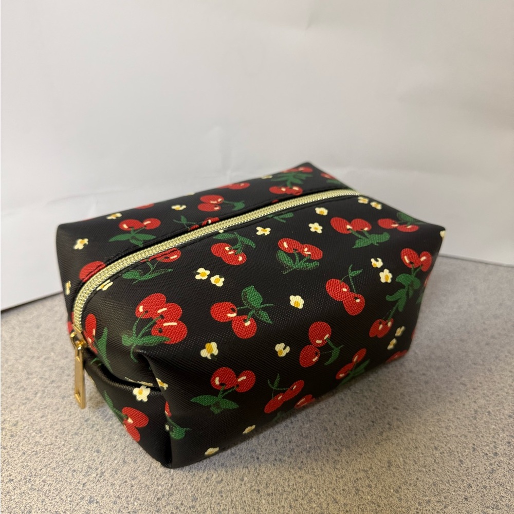 Cherry Print Black Cosmetic Pouch